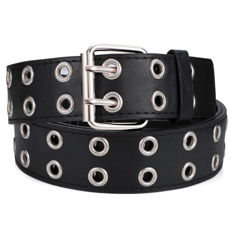 SANSTHS Women Double Grommet Studded Belts, black Leather Belt for Women Men Punk belt,black,L - Image 1